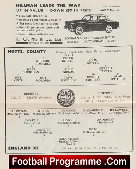 Notts County v England 1962 - Friendly Match