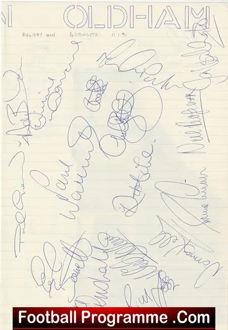 Oldham Athletic Football Club Multi Autographed SIGNED Sheet 91