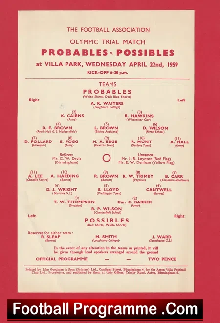 Olympic Football Trials Match 1959 – Villa Park