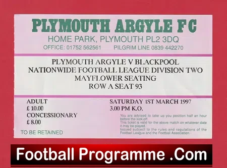 Plymouth Argyle v Blackpool 1997 – Match Ticket