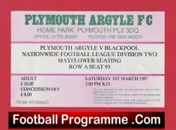 Plymouth Argyle v Blackpool 1997 – Match Ticket