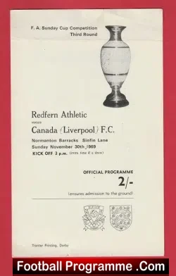 Redfern Athletic v Liverpool 1969 - Canada Football Team - football programme