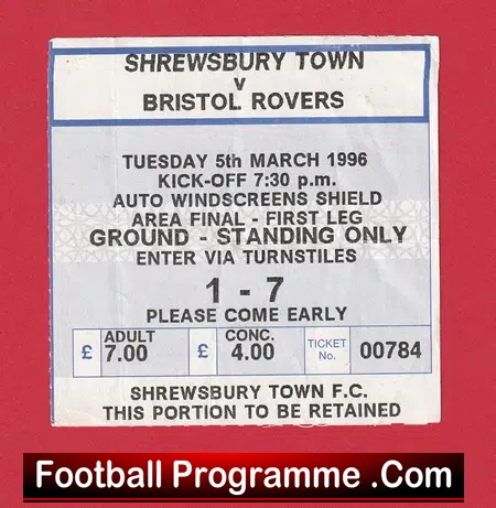 Shrewsbury Town v Bristol Rovers 1996 – Cup Final Ticket