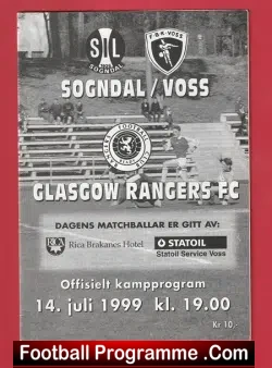 Sogndal v Glasgow Rangers 1999 - Pre Season Friendly Norway - football programme