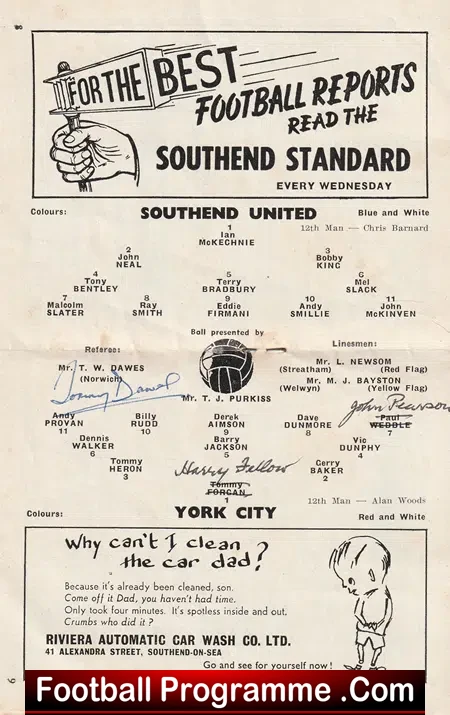Southend United v York City 1965 - Signed