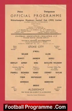 Stoke City v Aldershot 1961 - FA Cup Replay Match at Wolves - football programme