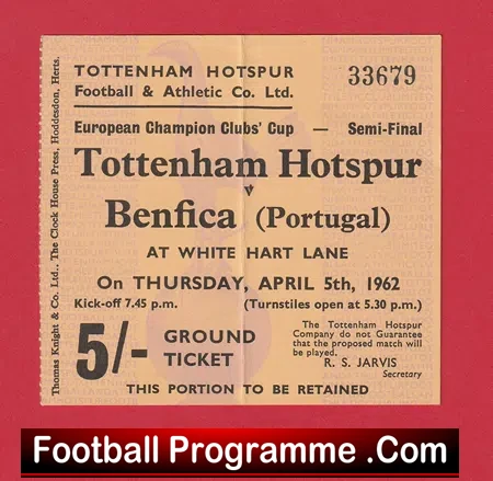 Tottenham Hotspur v Benfica 1962 – European Cup Match Ticket