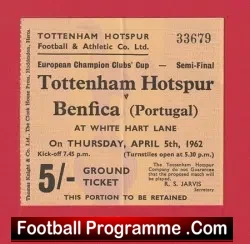 Tottenham Hotspur v Benfica 1962 – European Cup Match Ticket