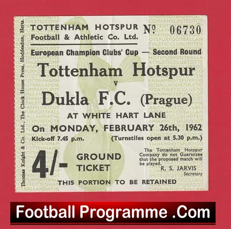 Tottenham Hotspur v Dukla 1962 – European Cup Match Ticket