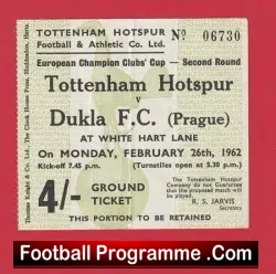 Tottenham Hotspur v Dukla 1962 – European Cup Match Ticket