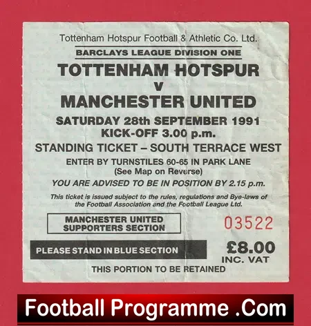Tottenham Hotspur v Manchester United 1991 – Match Ticket