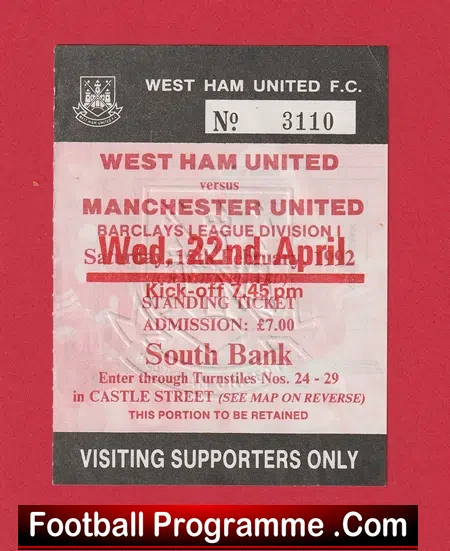 West Ham United v Manchester United 1992 – Match Ticket