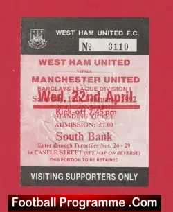 West Ham United v Manchester United 1992 – Match Ticket