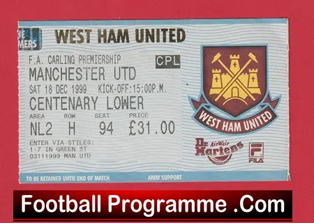 West Ham United v Manchester United 1999 – Match Ticket