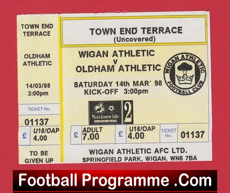 Wigan Athletic v Oldham Athletic 1998 – Football Match Ticket
