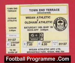 Wigan Athletic v Oldham Athletic 1998 – Football Match Ticket