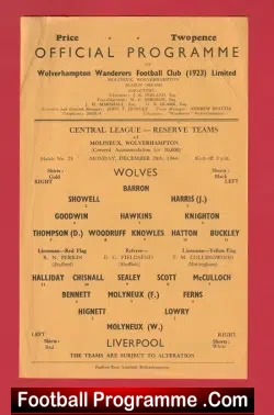Wolves Woverhampton v Liverpool 1964 - Reserves Match Molineux - football programme
