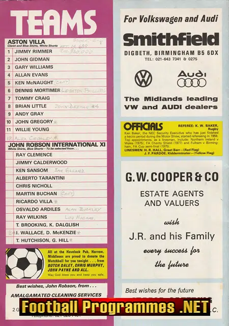 John Robson Testimonial Benefit Match Aston Villa 1978