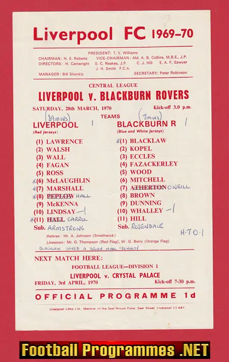 Liverpool v Blackburn Rovers 1970 - Reserves Match