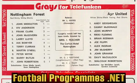 Nottingham Forest v Ayr United 1976 - Anglo Scottish Cup SF