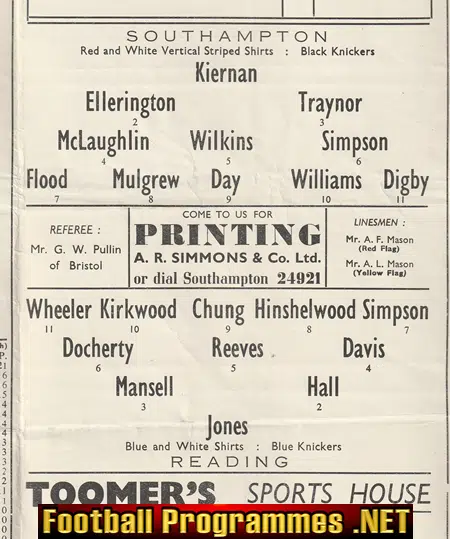Southampton v Reading 1954 - 1950's