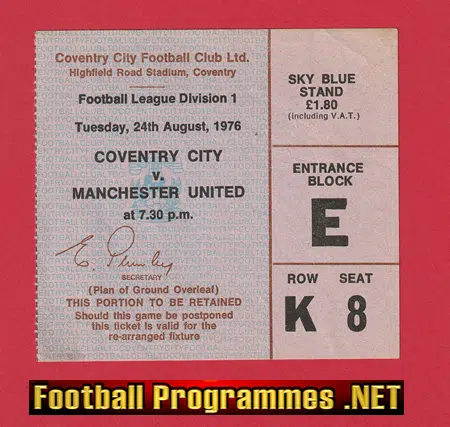 Coventry City v Manchester United 1976 - Football Ticket