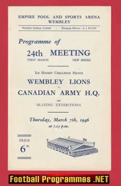 Wembley Lions Ice Hockey v Canada Army 1946 - London