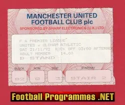 Manchester United v Oldham Athletic 1992 - Match Ticket