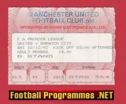 Manchester United v Norwich City 1992 - Match Ticket