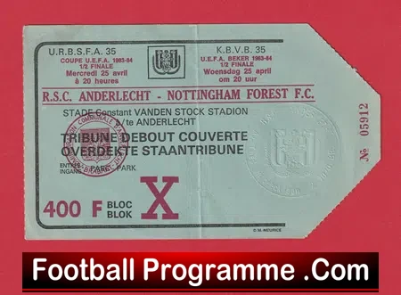 Anderlecht v Nottingham Forest 1984 – UEFA Cup Ticket Belgium