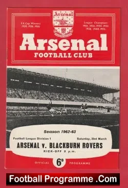 Arsenal v Blackburn Rovers 1963 - 1960s - football programme