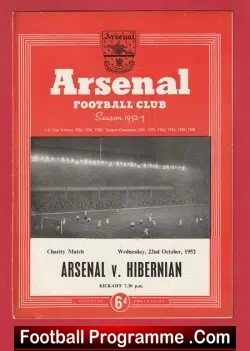 Arsenal v Hibernian Hibs 1952 - 1950's - football programme