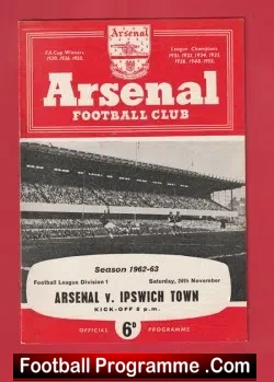 Arsenal v Ipswich Town 1962 - 1960's - football programme