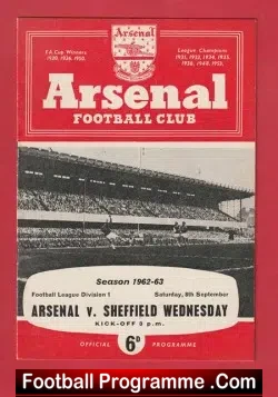 Arsenal v Sheffield Wednesday 1962 - 1960's - football programme
