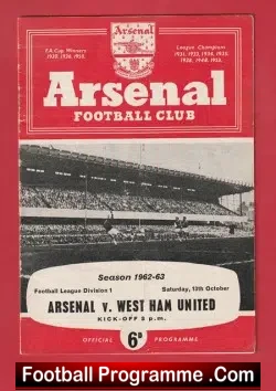 Arsenal v West Ham United 1962 - 1960's - football programme