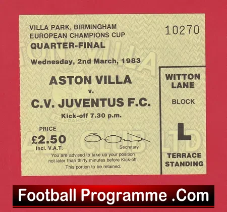 Aston Villa v Juventus 1983 – European Cup Quarter Final Ticket