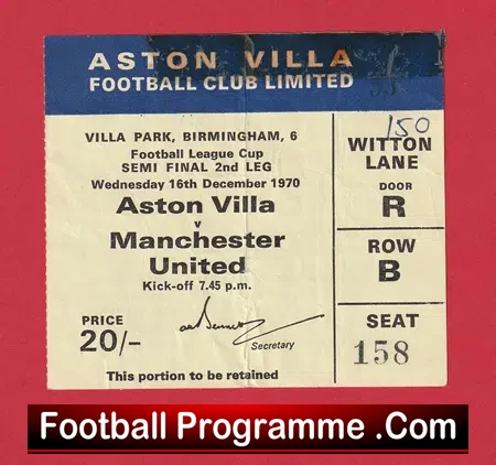Aston Villa v Manchester United 1970 – Football Ticket
