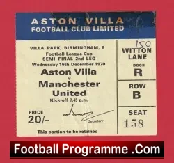 Aston Villa v Manchester United 1970 – Football Ticket