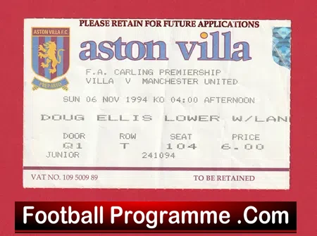 Aston Villa v Manchester United 1994 – Match Ticket