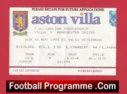 Aston Villa v Manchester United 1994 – Match Ticket