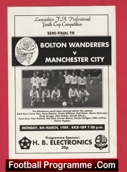 Bolton Wanderers v Manchester City 1989 - Youth Semi Final - football programme