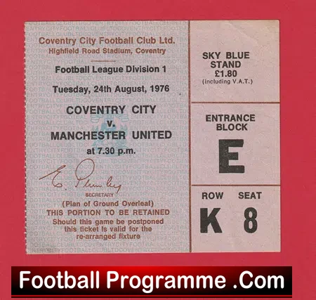 Coventry City v Manchester United 1976 – Football Ticket