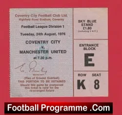 Coventry City v Manchester United 1976 – Football Ticket