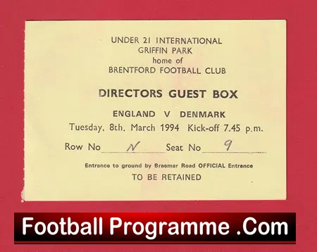 England v Denmark 1994 – Under 21 Football Ticket Brentford
