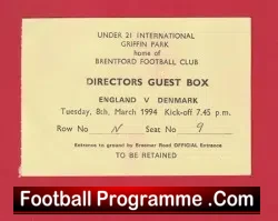 England v Denmark 1994 – Under 21 Football Ticket Brentford