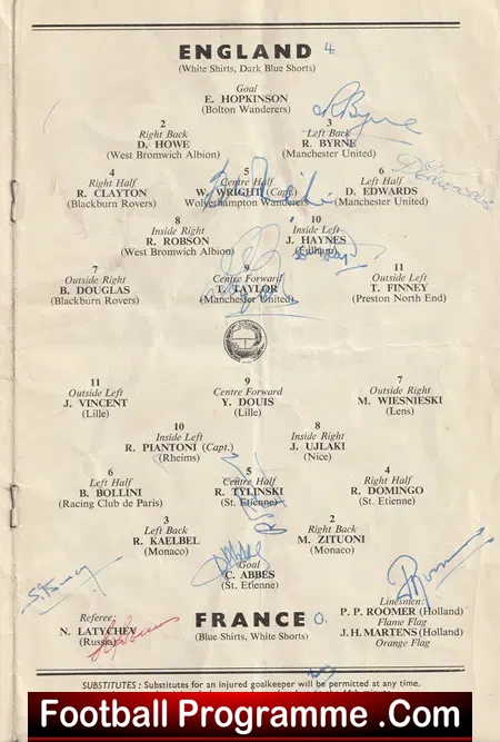 England v France 1957 - Multi SIGNED Inc Duncan Edwards