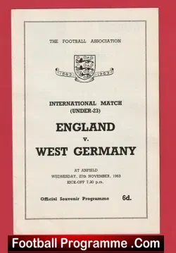 England v Germany 1963 - U23 at Anfield Liverpool - football programme