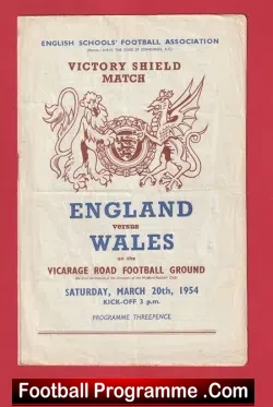 England v Wales 1954 - Vicarage Road Schoolboys Football - football programme