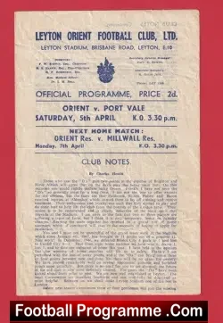 Leyton Orient v Port Vale 1947 – 1940s Programmes