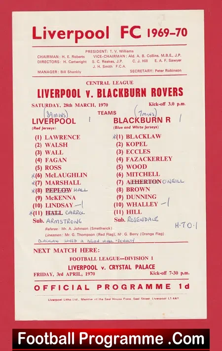 Liverpool v Blackburn Rovers 1970 - Reserves Match